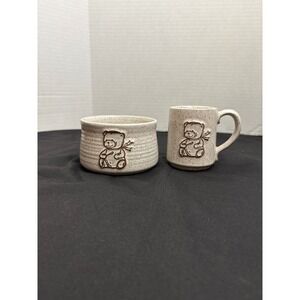 Onion River Pottery Vermont Mug and Bowl Set Speckled Beige Bear Applique
